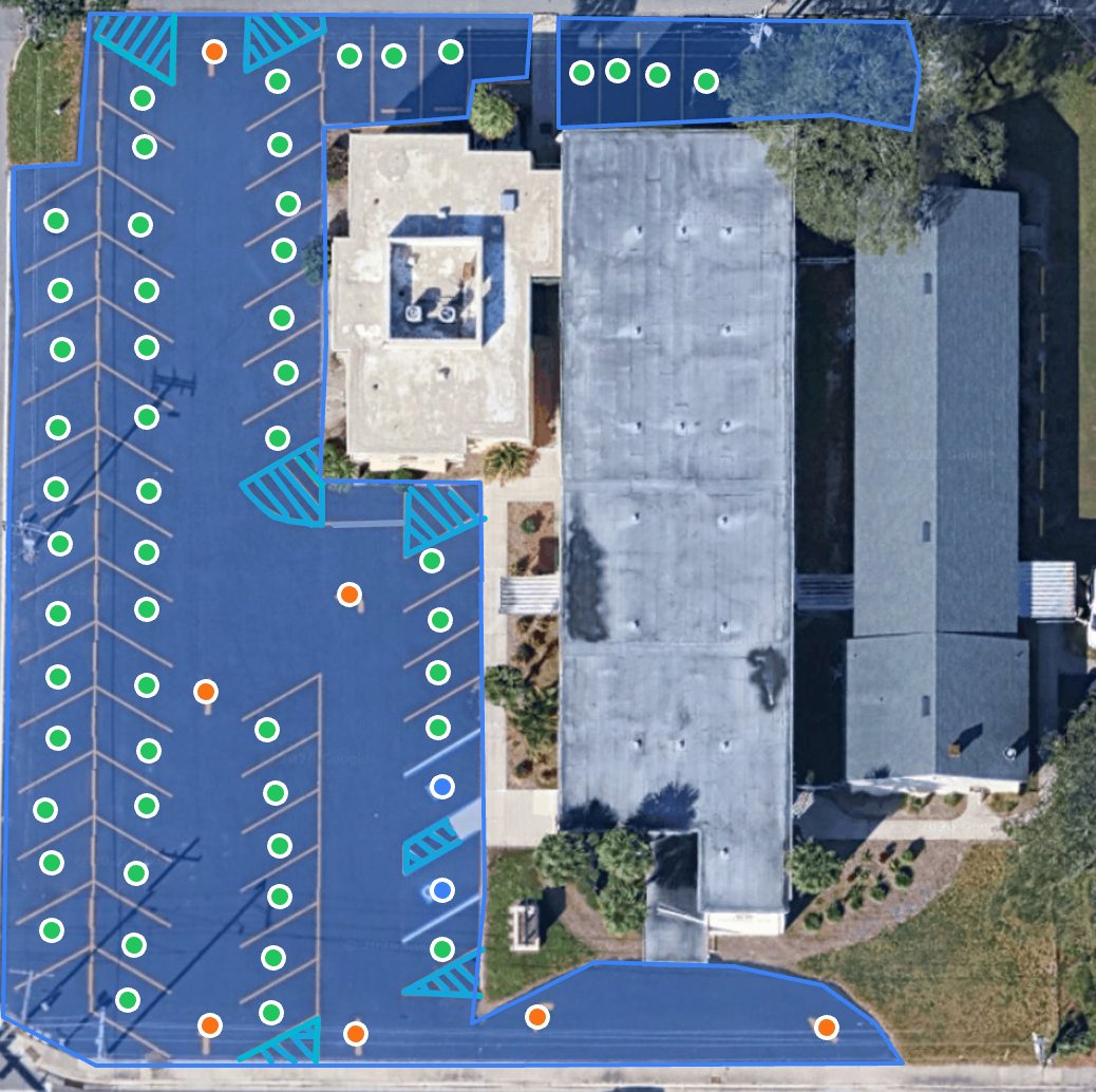 Parking lot with ParkingLotLogic takeoff annotations
